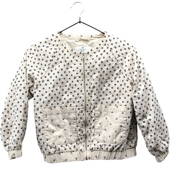 H&M Other - H&M Girls 6X/7 Cotton Linen Bomber Jacket Ivory Floral Zip Lightweight Lined